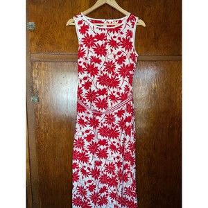 Vintage Women 6 Spring Summer Linen Blend Red White Floral Dress Long Modest